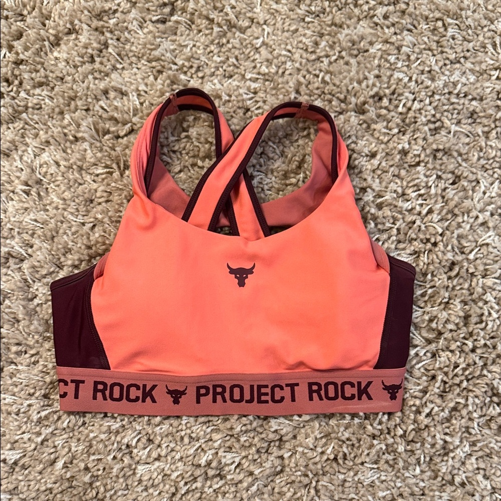 Under Armour Project Rock Coral and Maroon Sports Bra with Cross Back